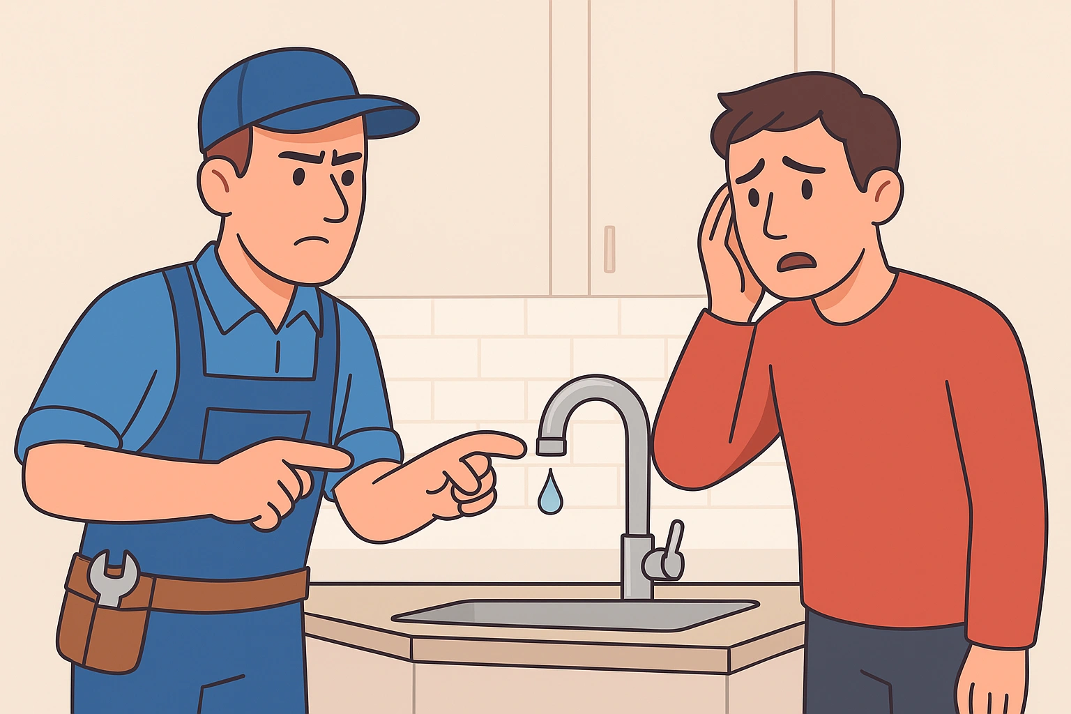 A homeowner looking concerned while a handyman points to an issue with a faucet.