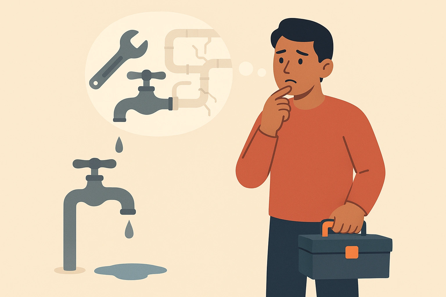 A person looking at a broken faucet, considering whether to fix it themselves.