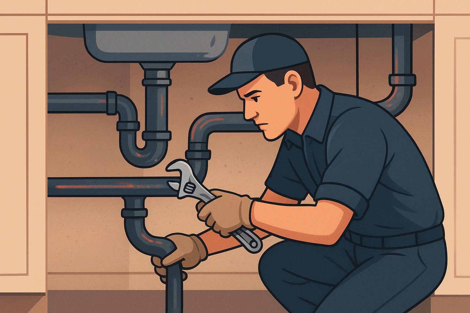 A professional plumber working on pipes under a sink.