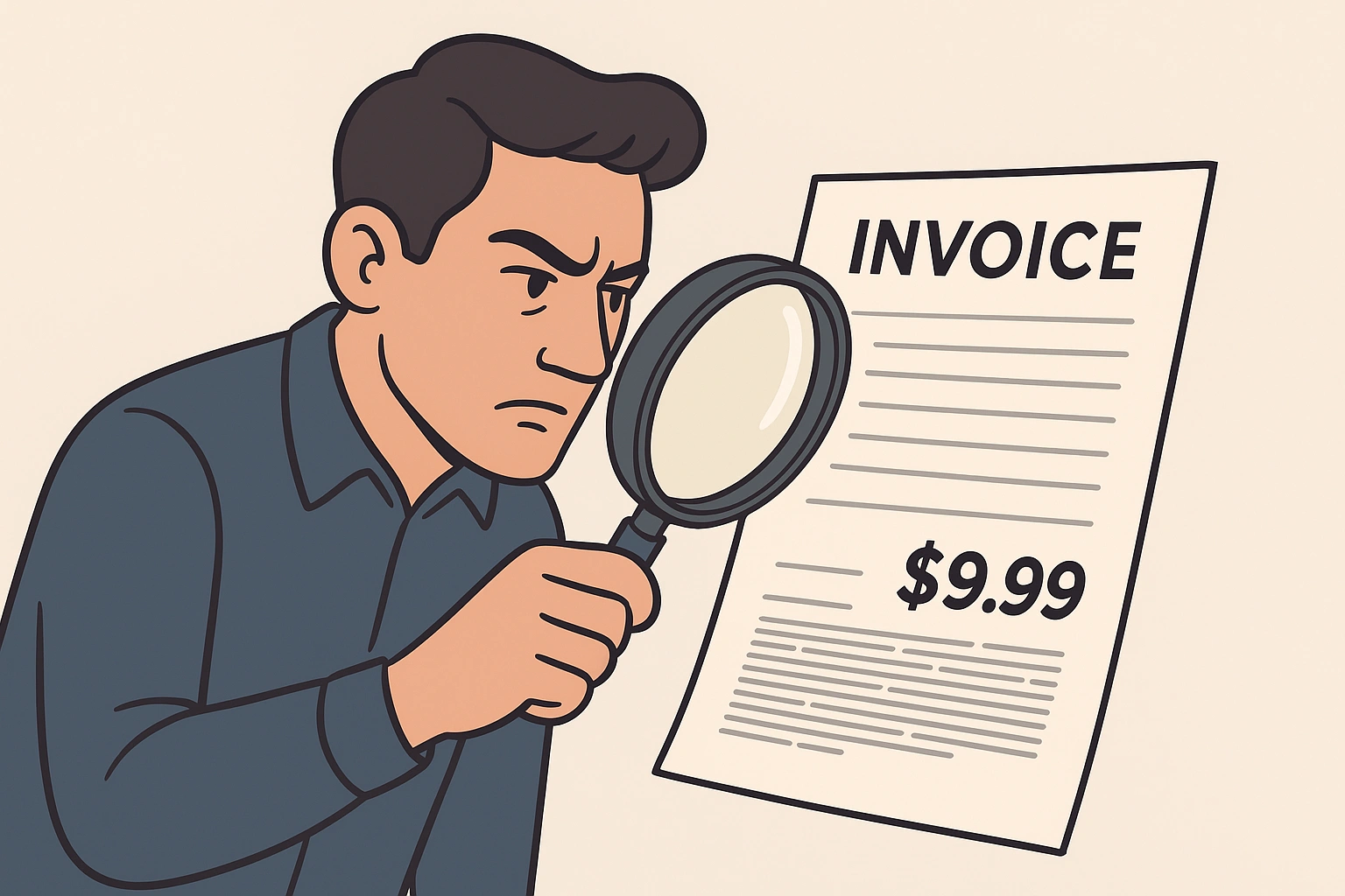 A person looking at a suspicious, messy invoice with a magnifying glass.