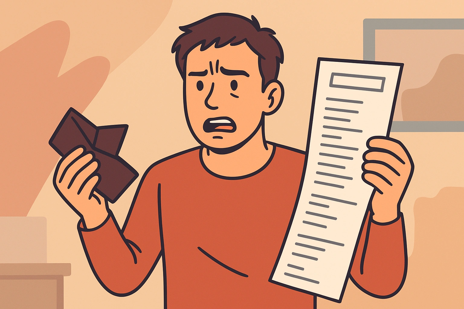 A person looking frustrated with a wallet in their hand while reviewing an invoice.